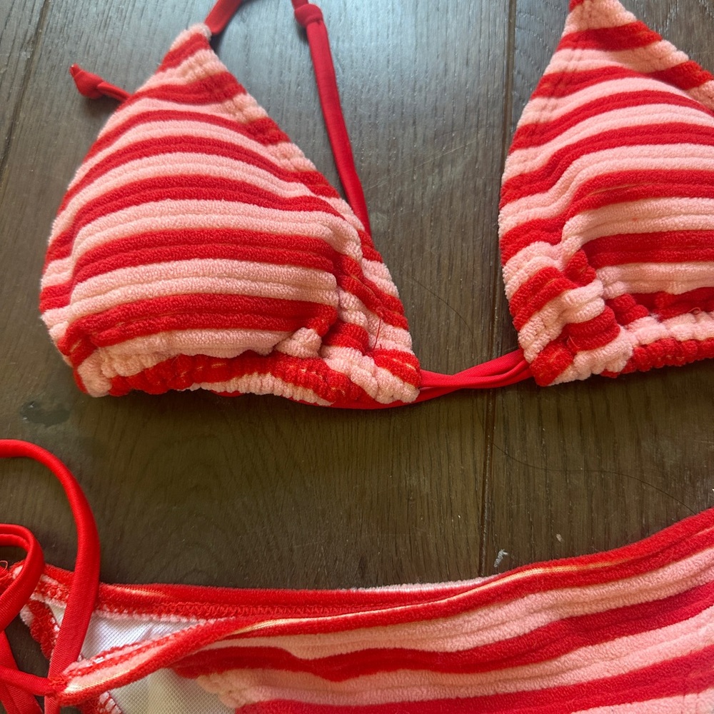 Red and Pink Striped Terry Cloth Bikini Set - Picture 2 of 2